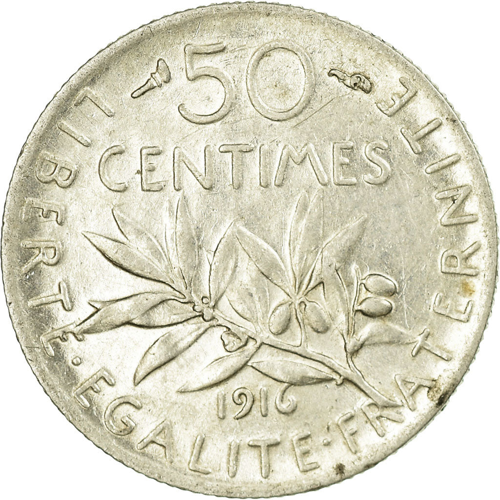 Coin, France, Semeuse, 50 Centimes, 1916, Paris, AU(50-53), Silver, KM:854