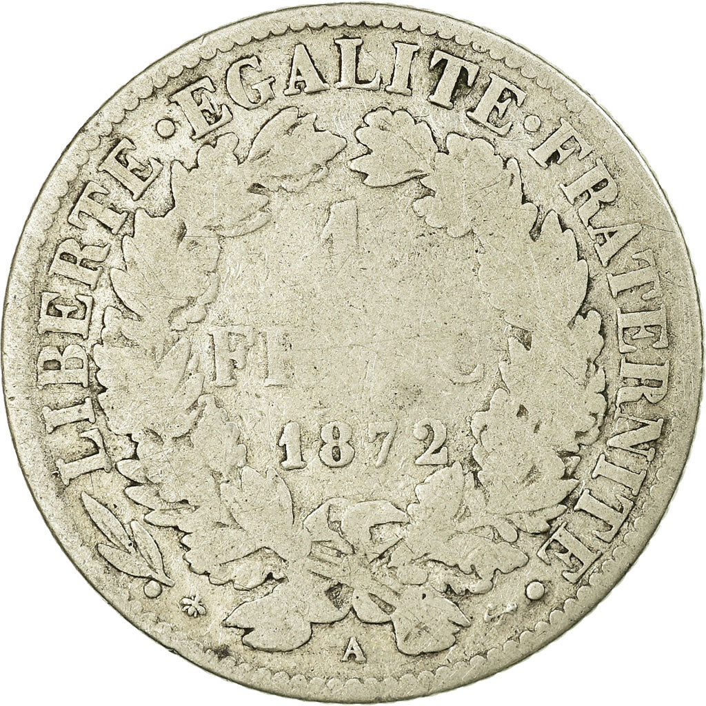 Coin, France, Cérès, Franc, 1872, Paris, VG(8-10), Silver, KM:822.1