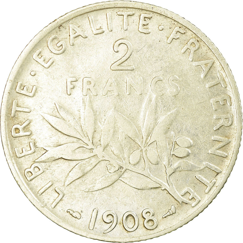 Moneta, Francia, Semeuse, 2 Francs, 1908, Paris, MB, Argento, KM:845.1