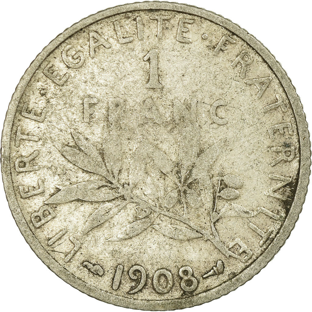 Monnaie, France, Semeuse, Franc, 1908, Paris, B+, Argent, Gadoury:467, KM:844.1