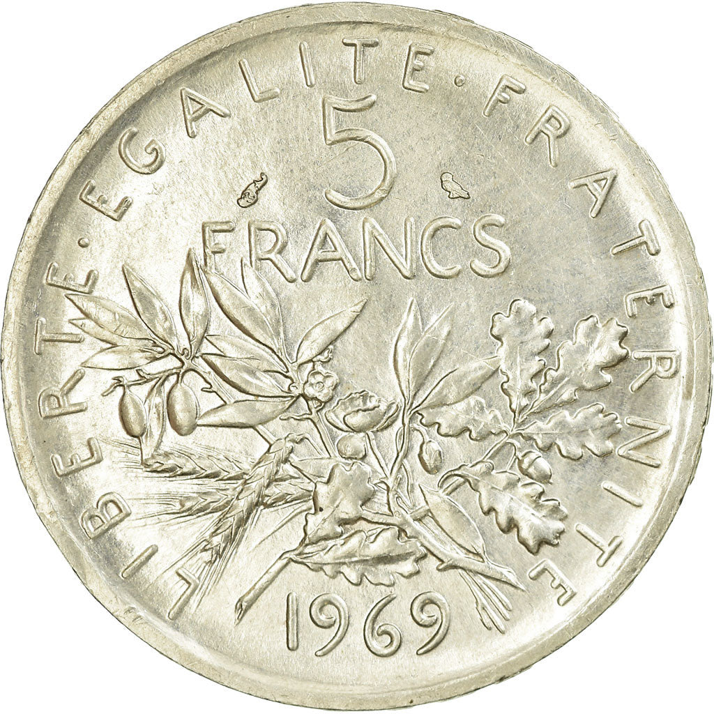 Moeda, França, Semeuse, 5 Francs, 1969, AU(55-58), Prata, KM:926, Gadoury:770