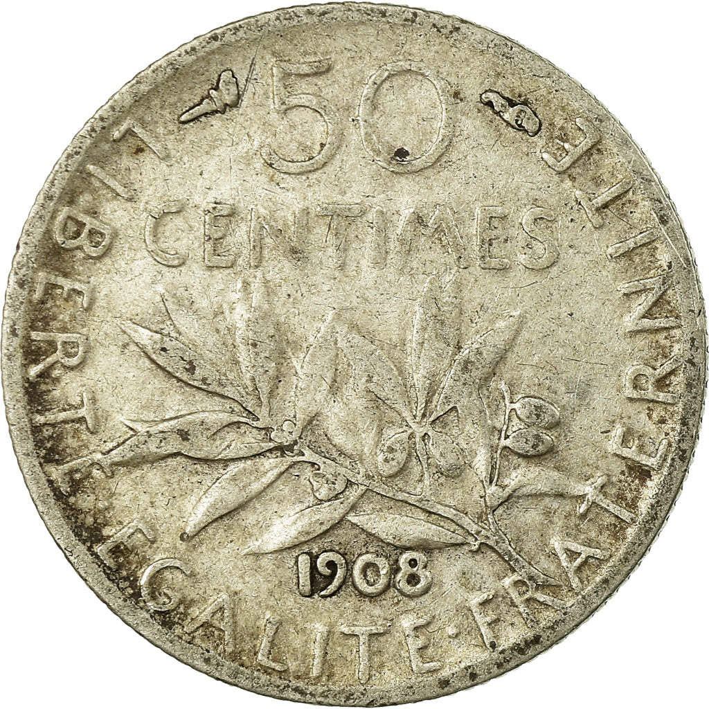 Coin, France, Semeuse, 50 Centimes, 1908, Paris, VF(20-25), Silver, KM:854