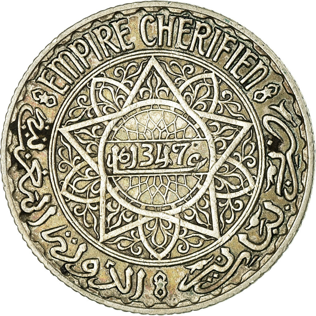 Coin, Morocco, Mohammed V, 5 Francs, 1928/AH1347, Paris, VF(30-35), Silver