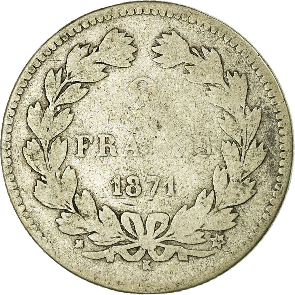 Coin, France, Cérès, 2 Francs, 1871, Bordeaux, VG(8-10), Silver, KM:816.2