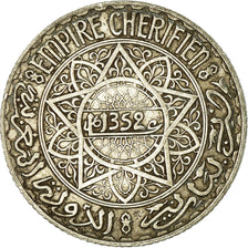Coin, Morocco, Mohammed V, 5 Francs, AH 1352/1933, Paris, VF(30-35), Silver