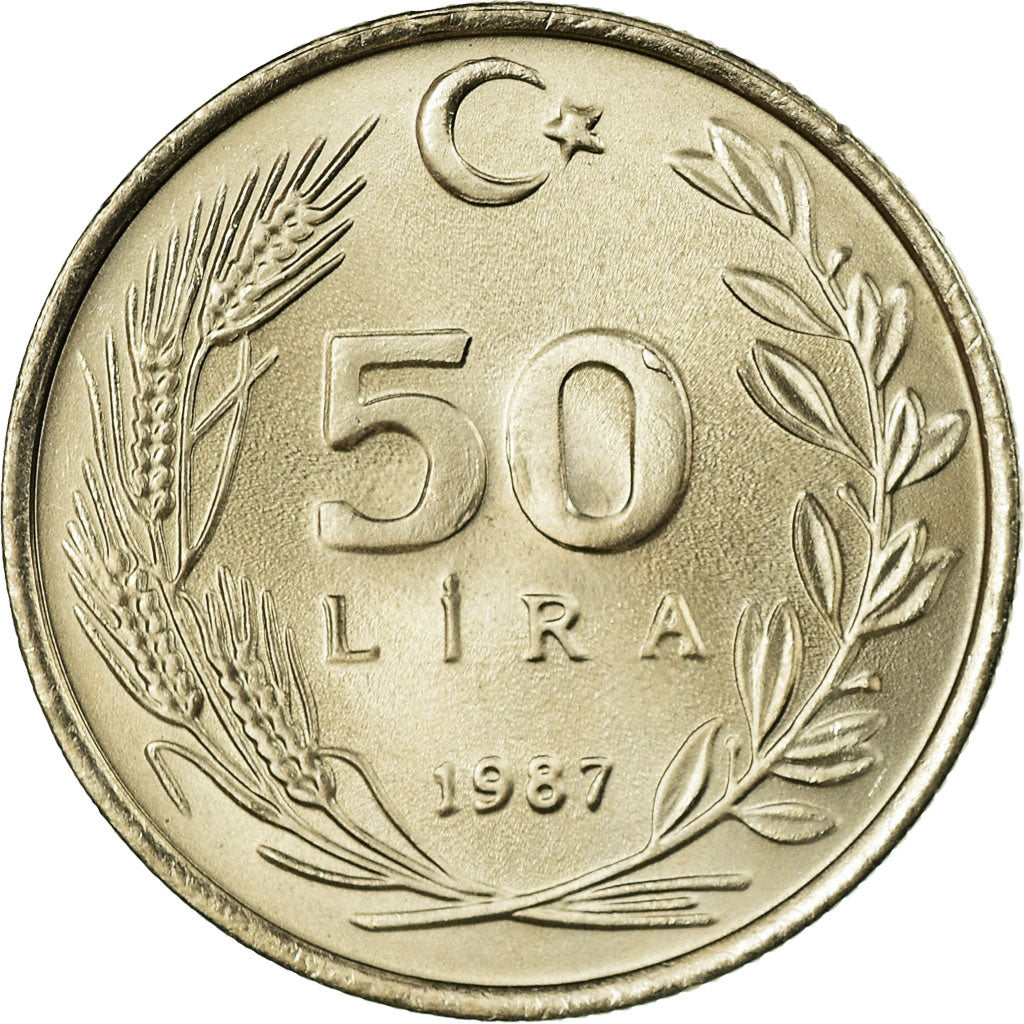 Coin, Turkey, 50 Lira, 1987, MS(65-70), Copper-Nickel-Zinc, KM:966
