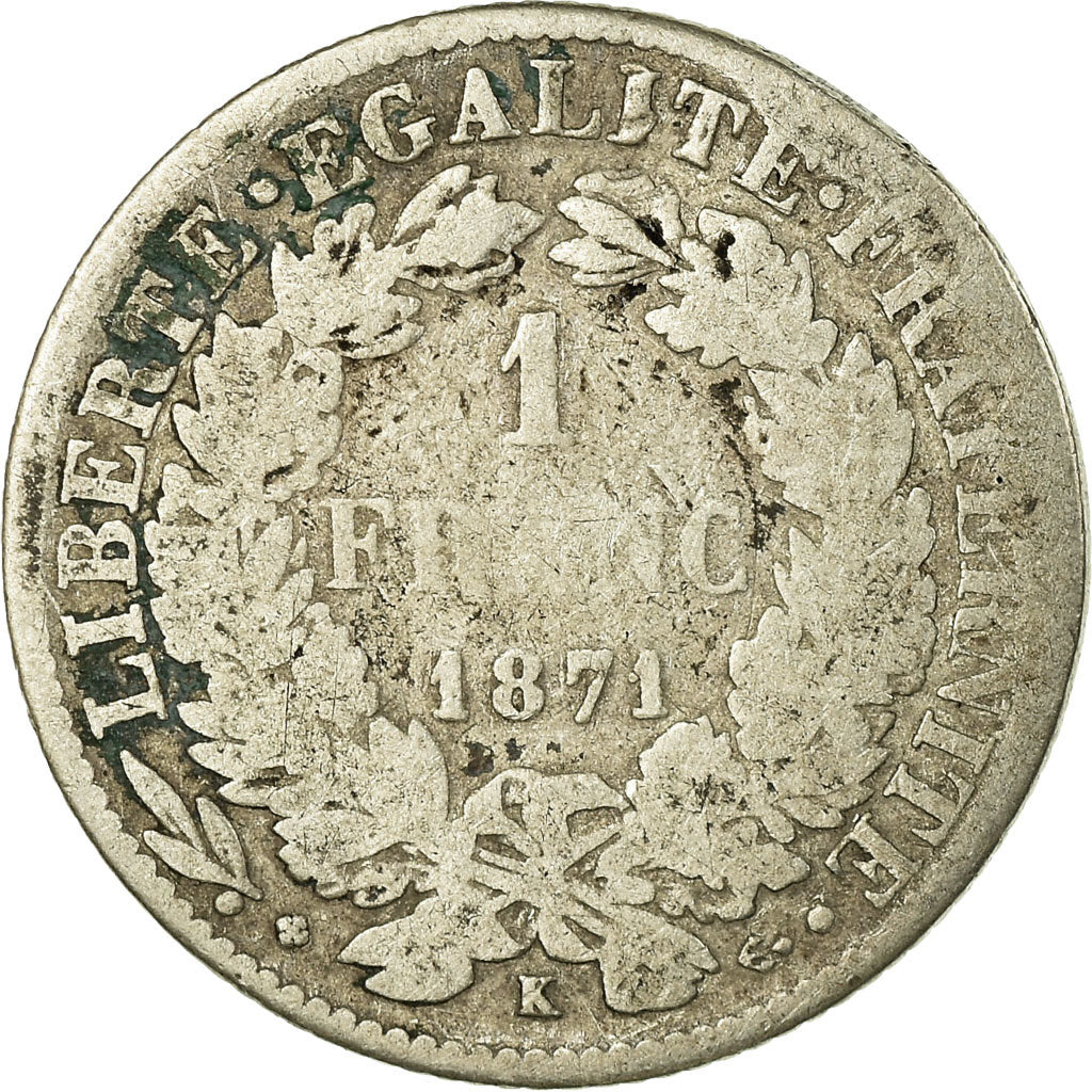 Coin, France, Cérès, Franc, 1871, Bordeaux, VG(8-10), Silver, KM:822.2