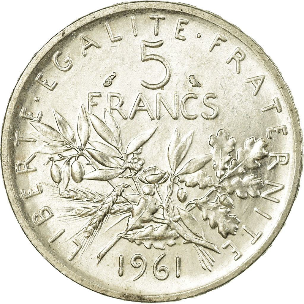 Moeda, França, Semeuse, 5 Francs, 1961, MS(60-62), Prata, KM:926, Gadoury:770
