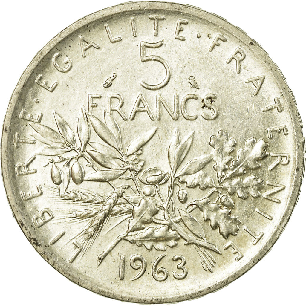 Moeda, França, Semeuse, 5 Francs, 1963, AU(55-58), Prata, KM:926, Gadoury:770