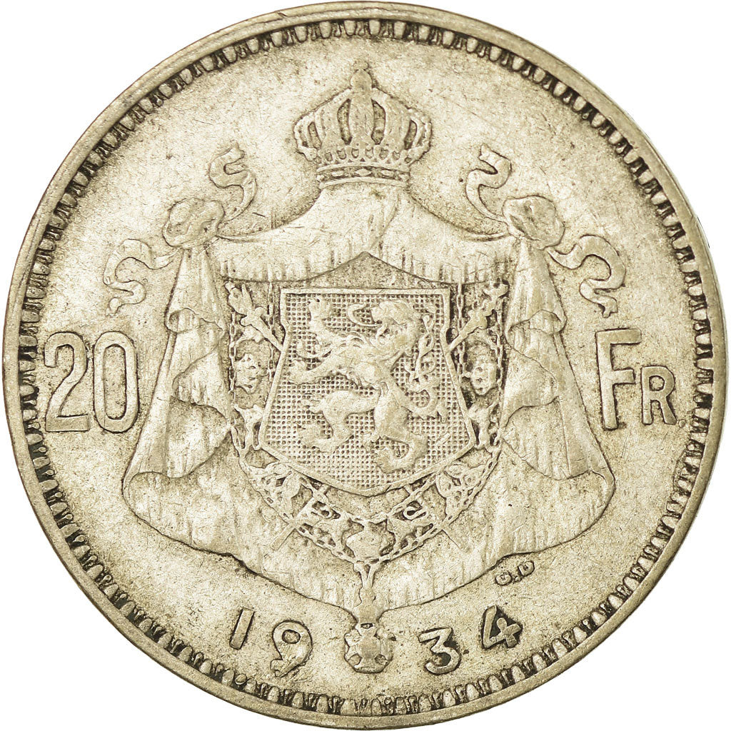 Coin, Belgium, 20 Francs, 20 Frank, 1934, VF(30-35), Silver, KM:103.1