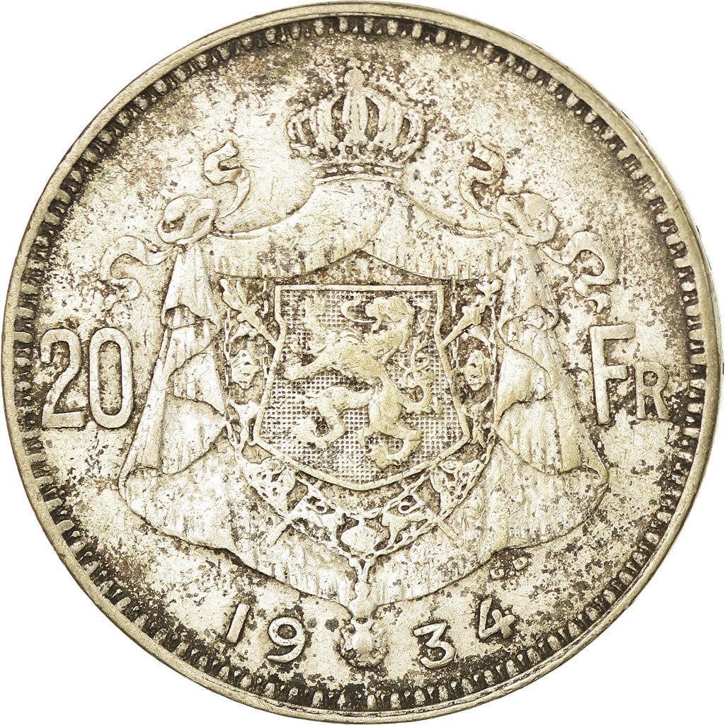 Coin, Belgium, 20 Francs, 20 Frank, 1934, VF(30-35), Silver, KM:103.1
