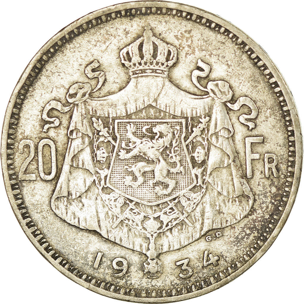 Coin, Belgium, 20 Francs, 20 Frank, 1934, VF(30-35), Silver, KM:104.1