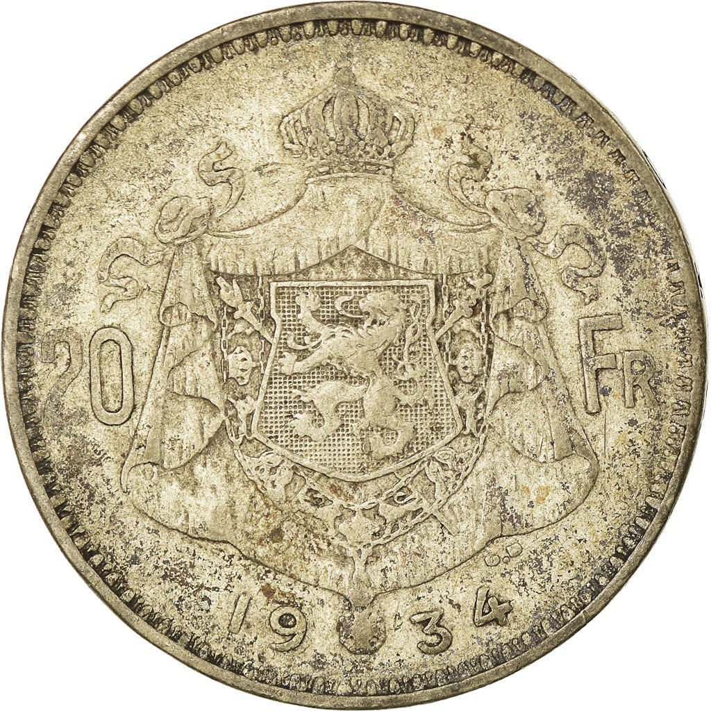 Coin, Belgium, 20 Francs, 20 Frank, 1934, VF(20-25), Silver, KM:104.1