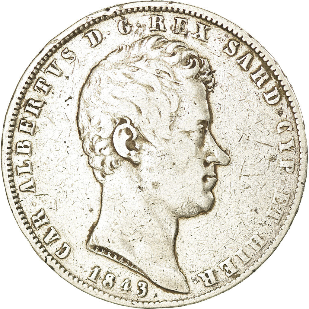 Münze, Italien Staaten, SARDINIA, Carlo Alberto, 5 Lire, 1843, Genoa, S+