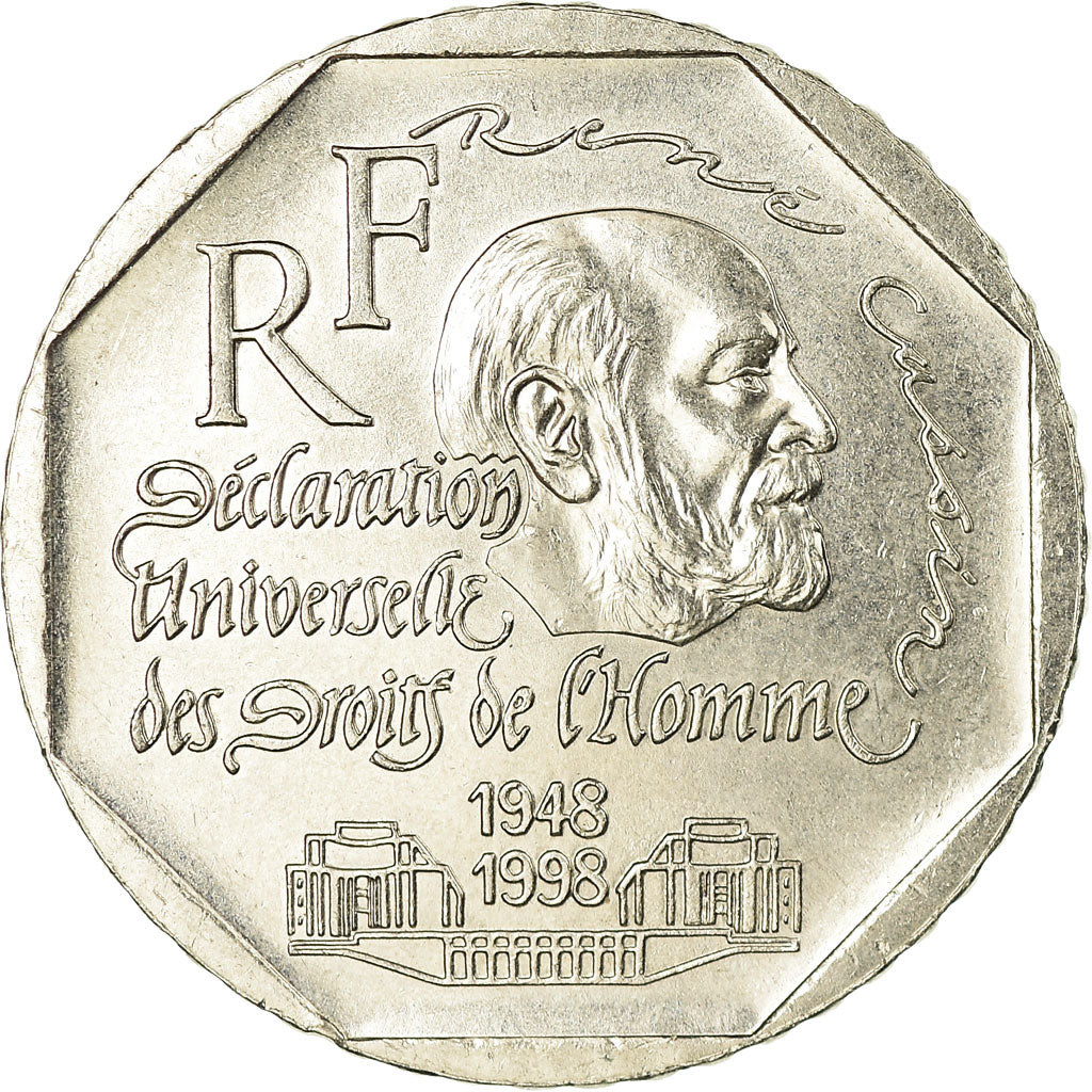 Coin, France, René Cassin, 2 Francs, 1998, AU(55-58), Nickel, KM:1213