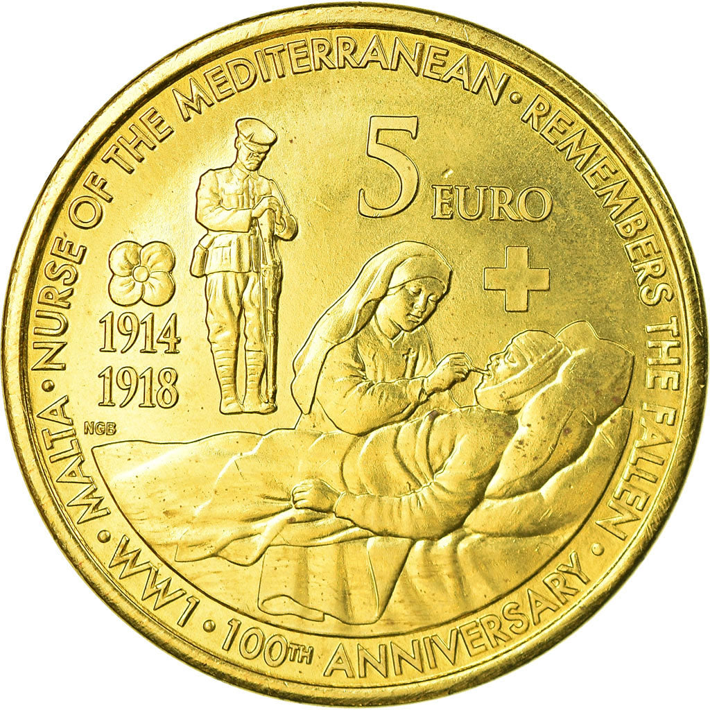 Malta, 5 Euro, Première Guerre Mondiale, Centenaire, 2014, MS(60-62), Brass