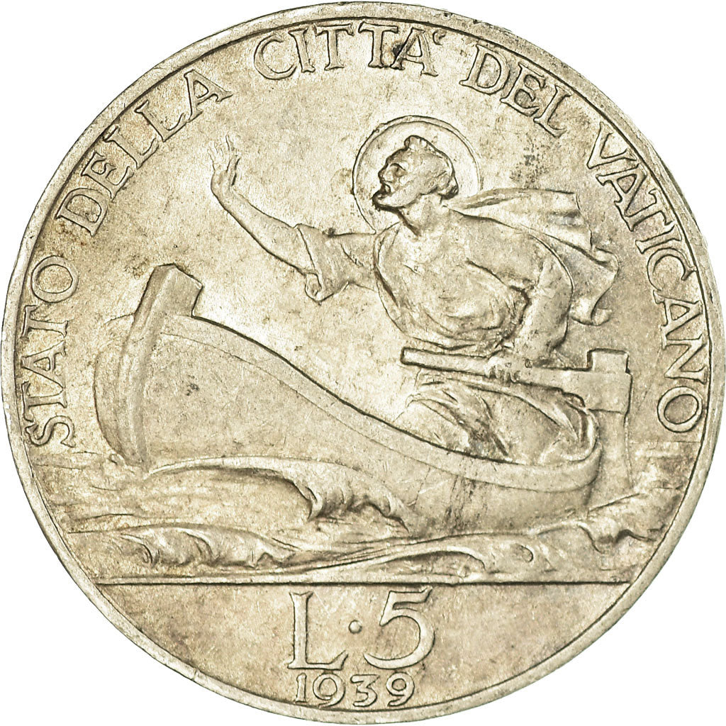 Coin, VATICAN CITY, Pius XII, 5 Lire, 1939, AU(50-53), Silver, KM:28