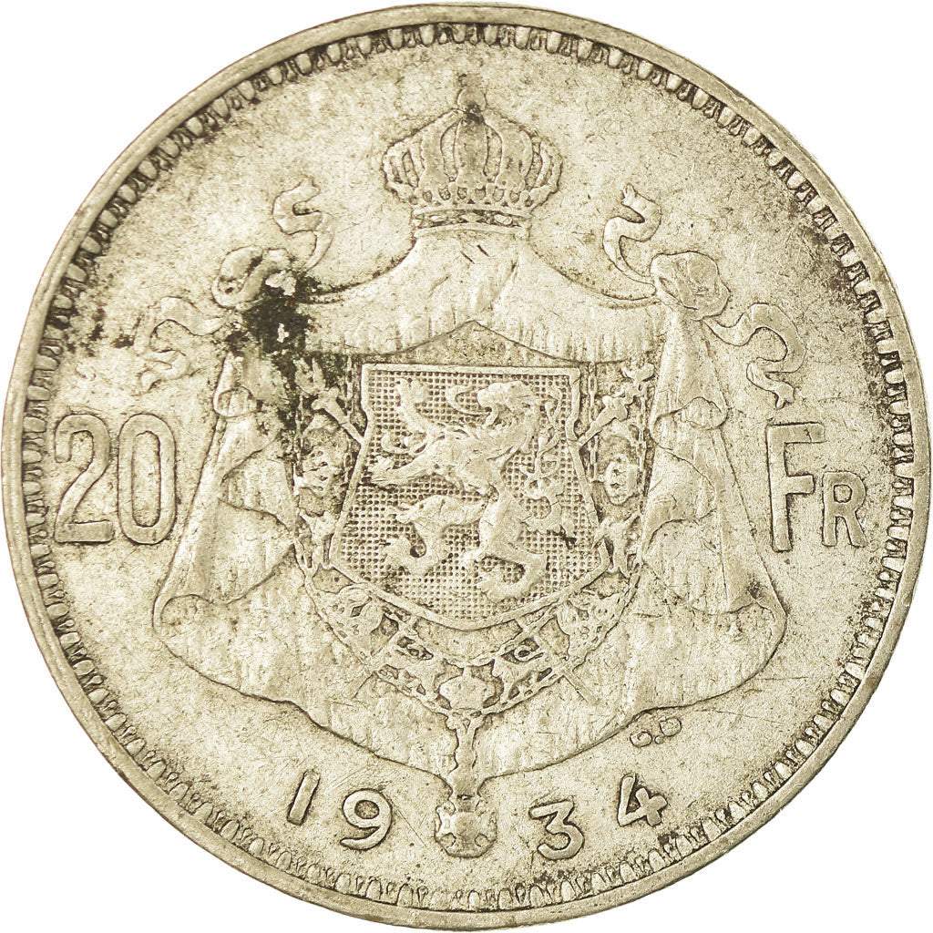 Coin, Belgium, 20 Francs, 20 Frank, 1934, VF(20-25), Silver, KM:103.1