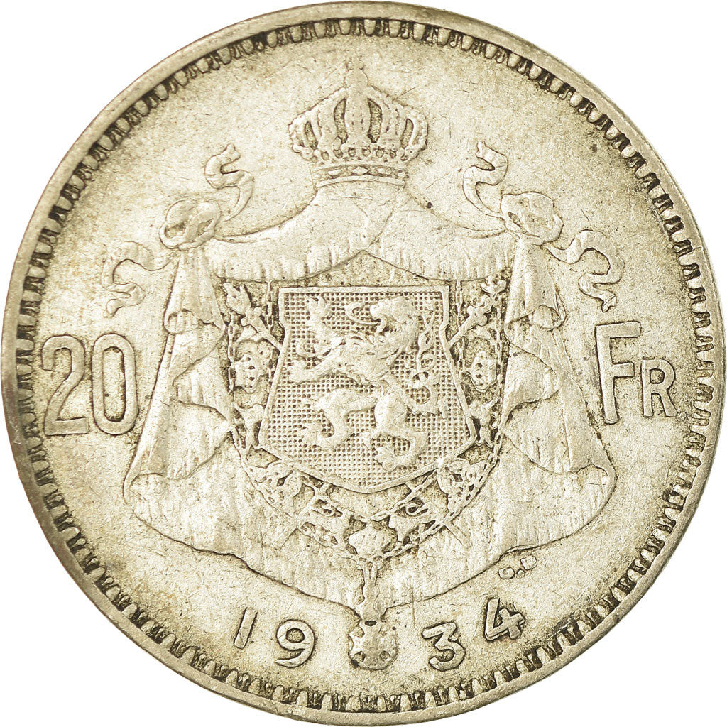Coin, Belgium, 20 Francs, 20 Frank, 1934, VF(20-25), Silver, KM:103.1