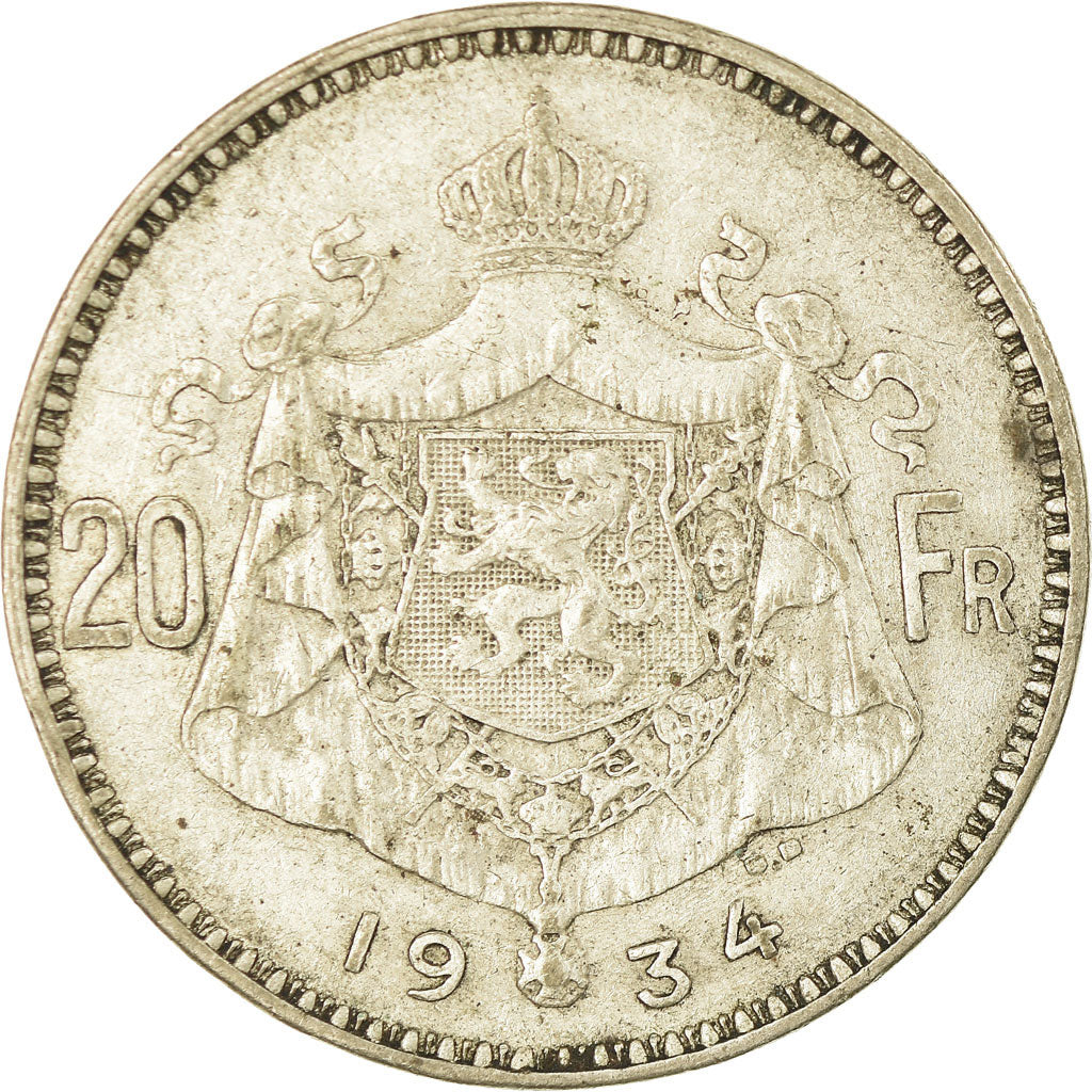Coin, Belgium, 20 Francs, 20 Frank, 1934, VF(20-25), Silver, KM:103.1