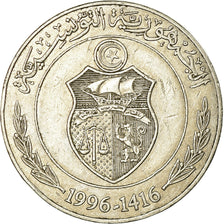 Coin, Tunisia, 1/2 Dinar, 1996/AH1416, EF(40-45), Copper-nickel, KM:346