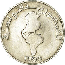 Coin, Tunisia, Dinar, 1990, VF(30-35), Copper-nickel, KM:319