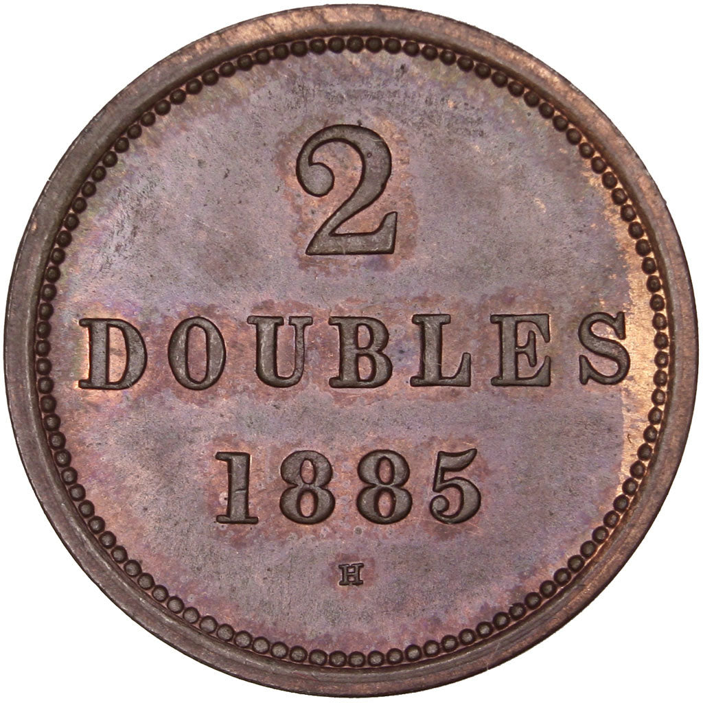 GUERNSEY, 2 Doubles, 1885, Heaton, KM #9, MS(63), Bronze, 22, 3.52