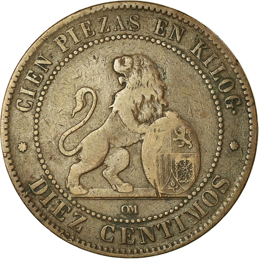 Coin, Spain, Provisional Government, 10 Centimos, 1870, VF(20-25), Copper