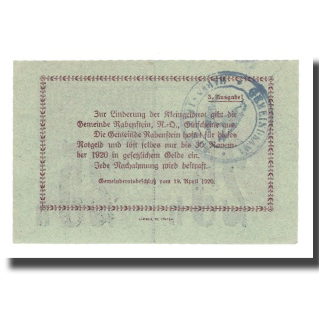 Banconote, Austria, Rabenstein N.Ö. Gemeinde, 50 Heller, Texte, 1920