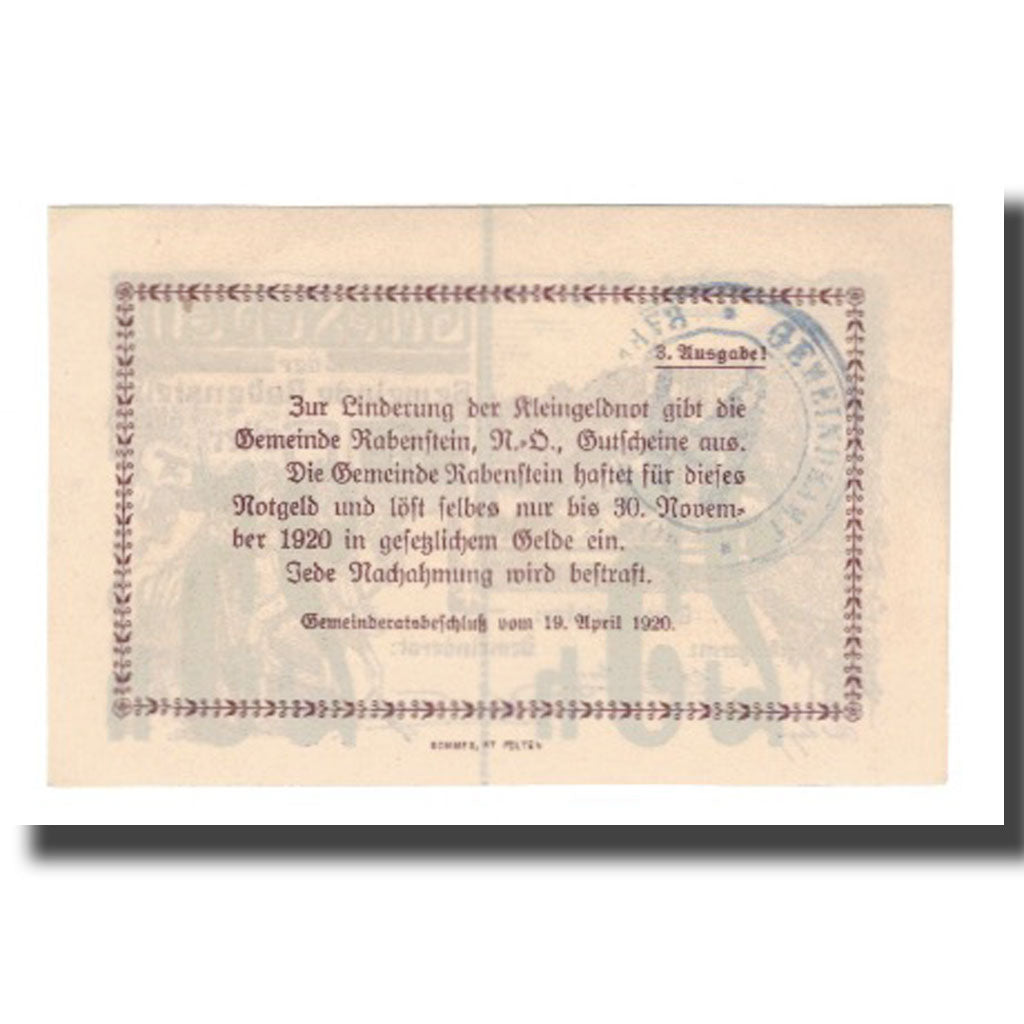 Billete, Austria, Rabenstein N.Ö. Gemeinde, 50 Heller, texte 1, 1920