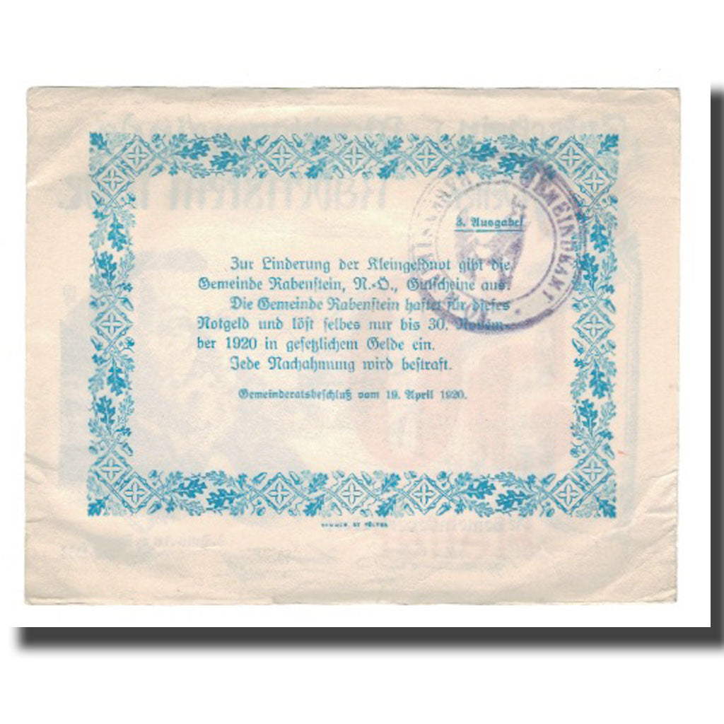 Nota, Áustria, Rabenstein N.Ö. Gemeinde, 50 Heller, Texte  5, 1920