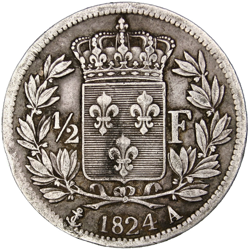 FRANCE, Louis XVIII, 1/2 Franc, 1824, Paris, KM #708.1, EF(40-45), Silver,...