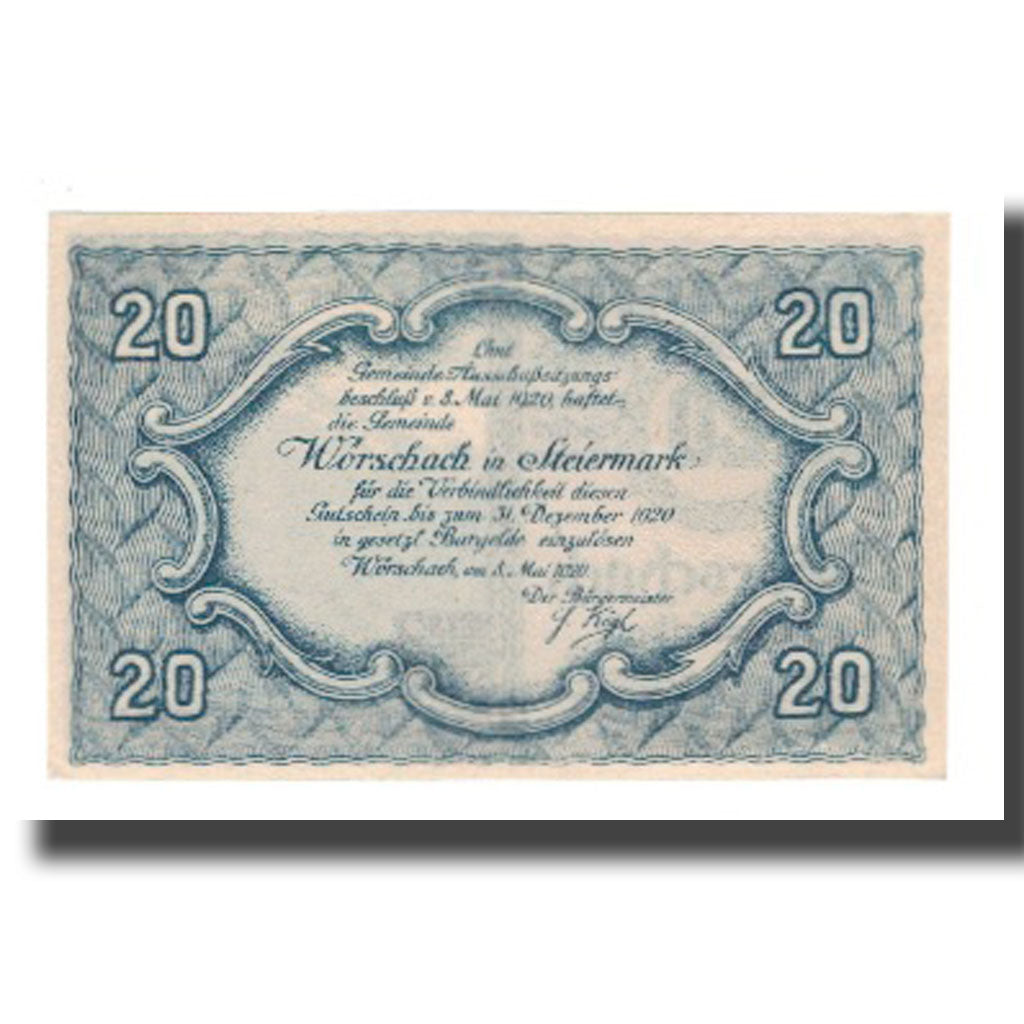 Biljet, Oostenrijk, Wörschach Stmk. Gemeinde, 20 Heller, Texte, 1920