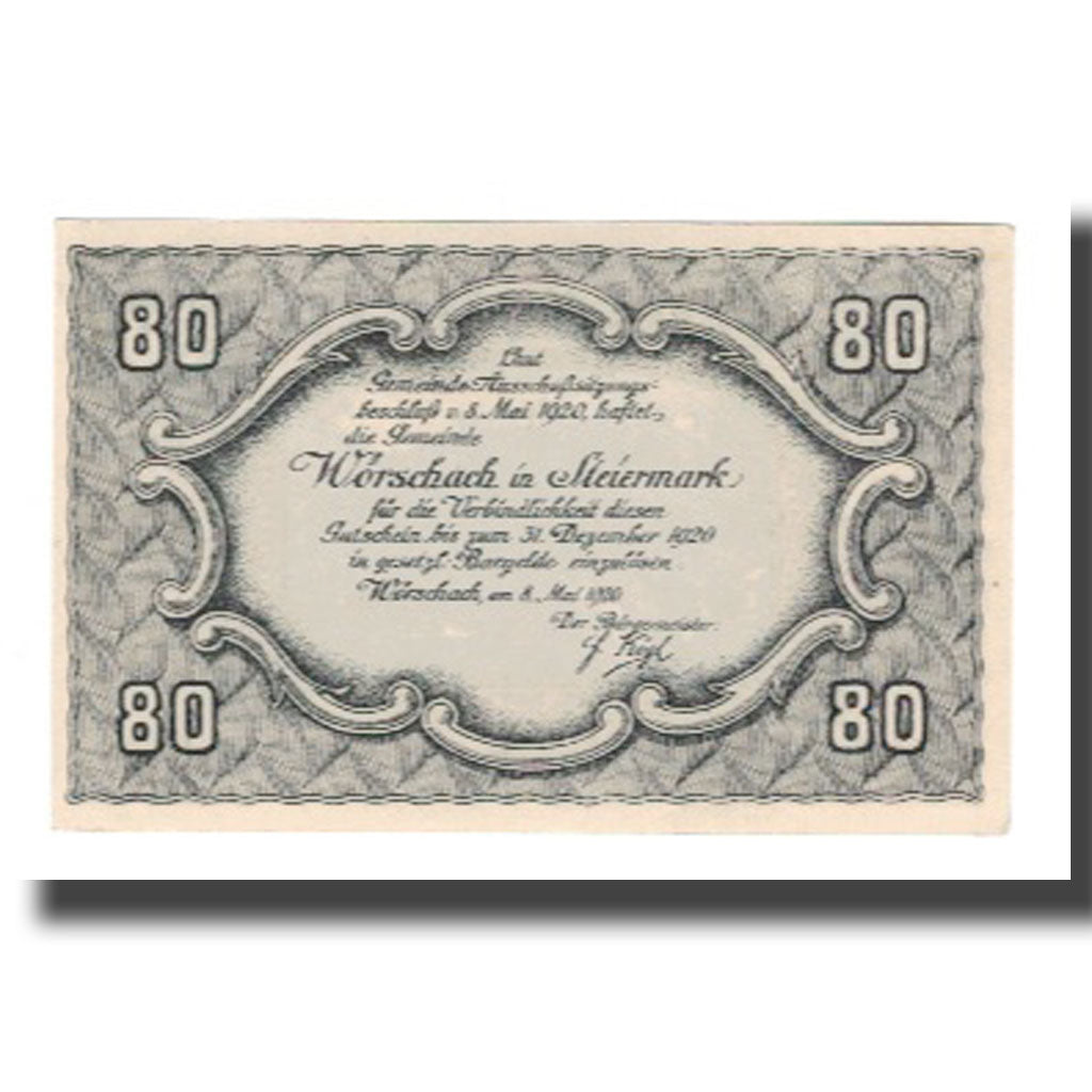 Nota, Áustria, Wörschach Stmk. Gemeinde, 80 Heller, Texte, 1920, 1920-12-31