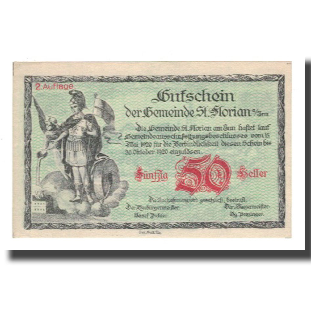 Banknote, Austria, St. Florian am Inn O.Ö. Gemeinde, 50 Heller, paysage, 1920