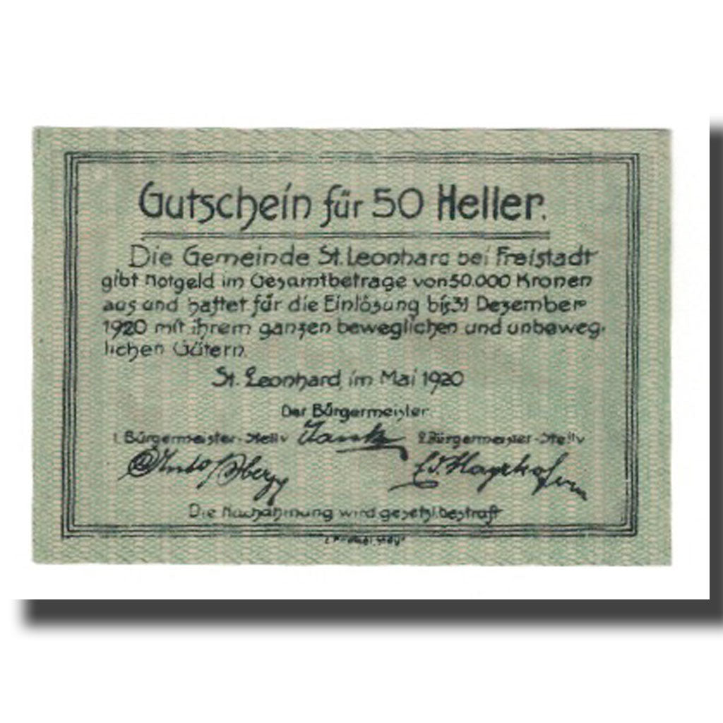 Banknote, Austria, St. Leonhard bei Freistadt O.Ö. Gemeinde, 50 Heller