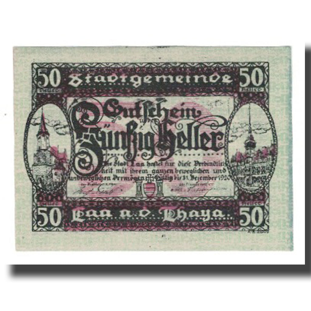 Banknote, Austria, Laa An Der Thaya, Stadtgemeinde, 50 Heller, Blason, 1920