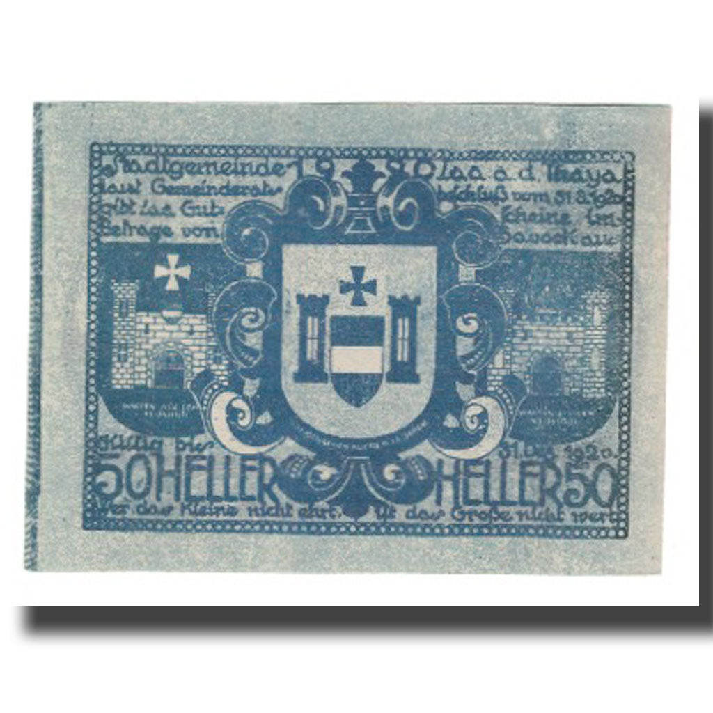 Banknote, Austria, Laa An Der Thaya, Stadtgemeinde, 50 Heller, Blason, 1920