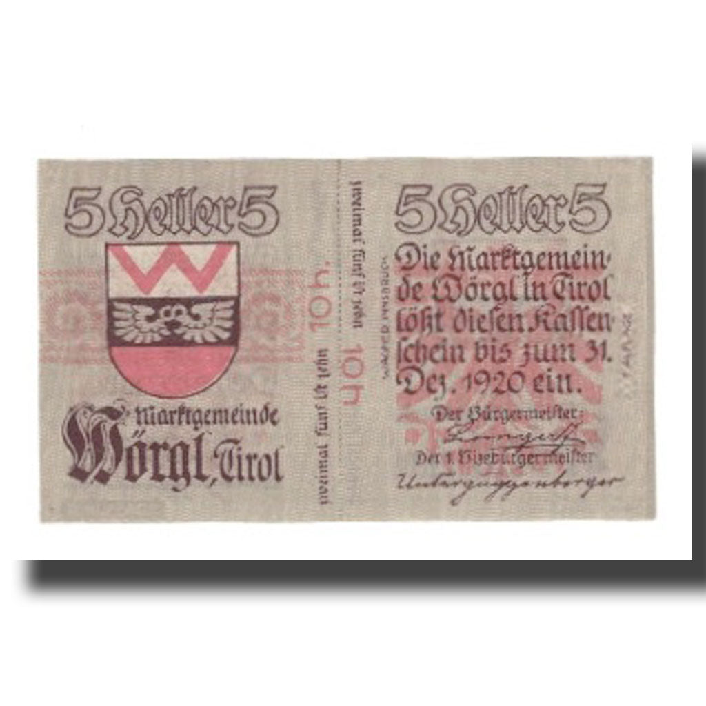 Banknot, Austria, Wörgl Tirol Marktgemeinde, 5 Heller, Blason 1, 1920