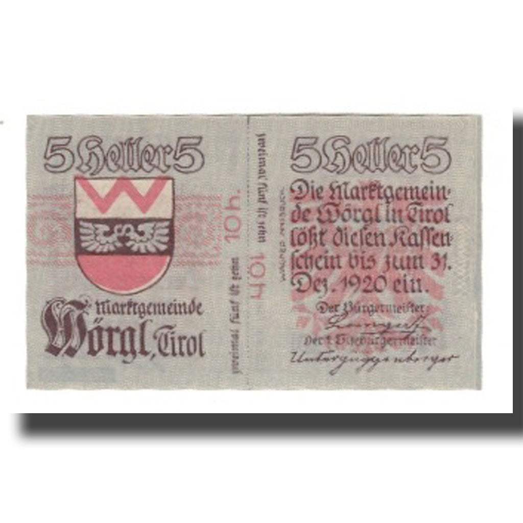 Banknote, Austria, Wörgl Tirol Marktgemeinde, 5 Heller, Blason 4, 1920