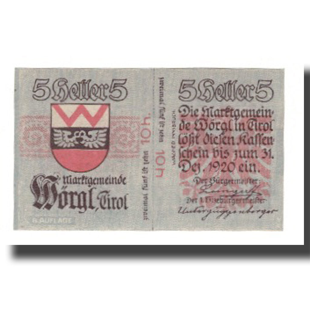 Banknote, Austria, Wörgl Tirol Marktgemeinde, 5 Heller, Blason 4, 1920