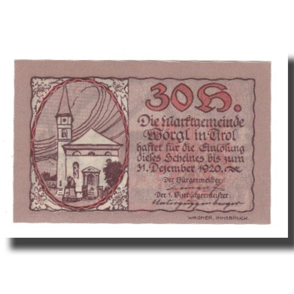 Banknot, Austria, Wörgl Tirol Marktgemeinde, 30 Heller, Chapelle 1, 1920