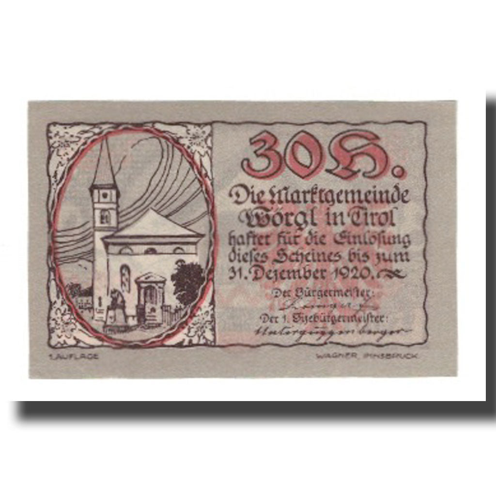 Banknot, Austria, Wörgl Tirol Marktgemeinde, 30 Heller, Chapelle 4, 1920