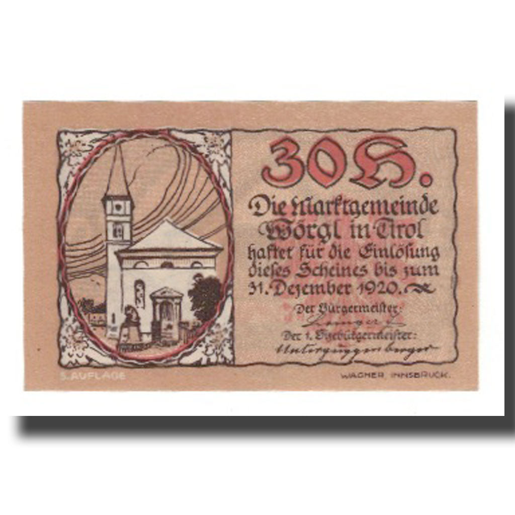 Banknot, Austria, Wörgl Tirol Marktgemeinde, 30 Heller, Chapelle 5, 1920