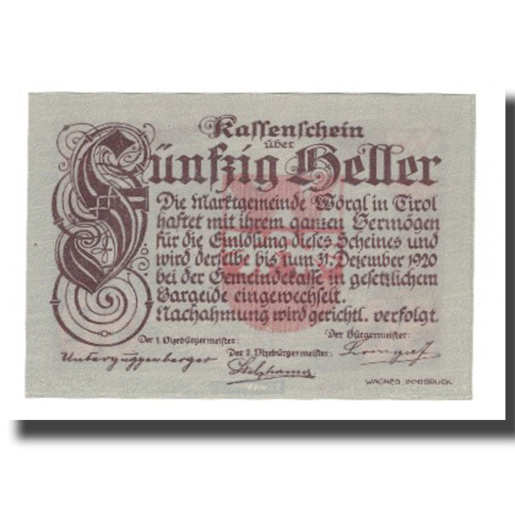 Banknot, Austria, Wörgl Tirol Marktgemeinde, 50 Heller, paysage 5, 1920