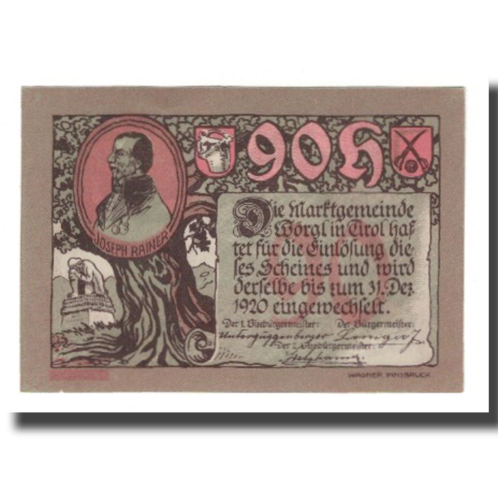 Banknote, Austria, Wörgl Tirol Marktgemeinde, 90 Heller, paysage 1, 1920
