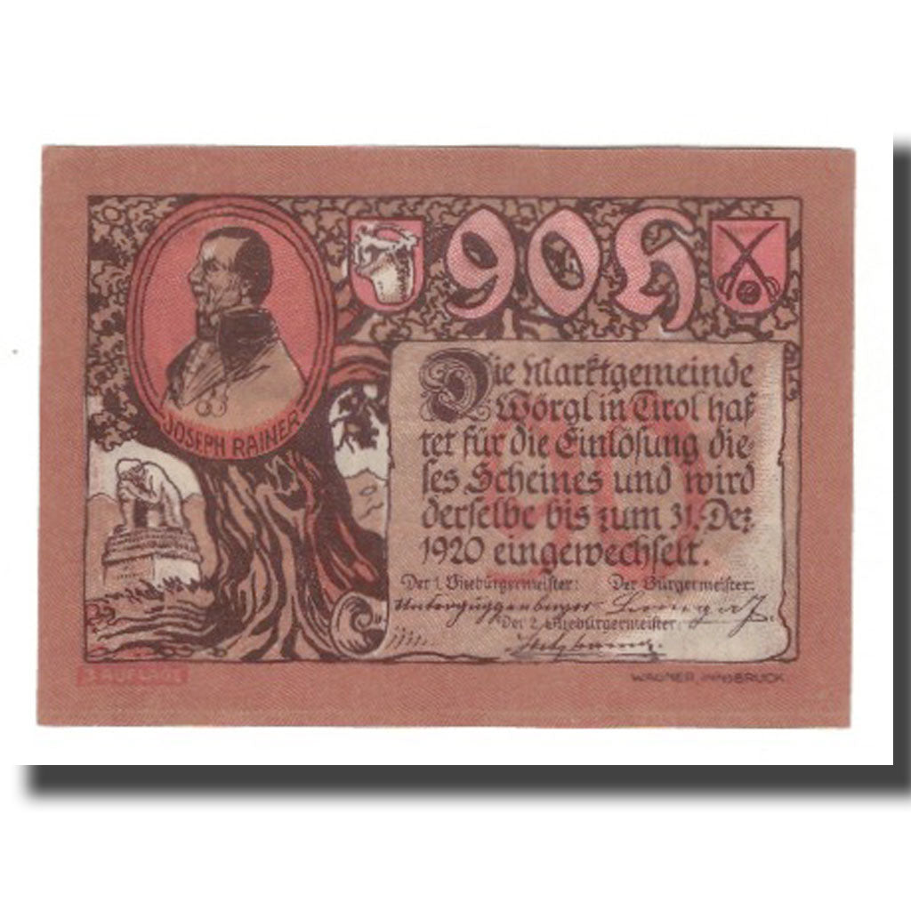 Banknote, Austria, Wörgl Tirol Marktgemeinde, 90 Heller, paysage 2, 1920