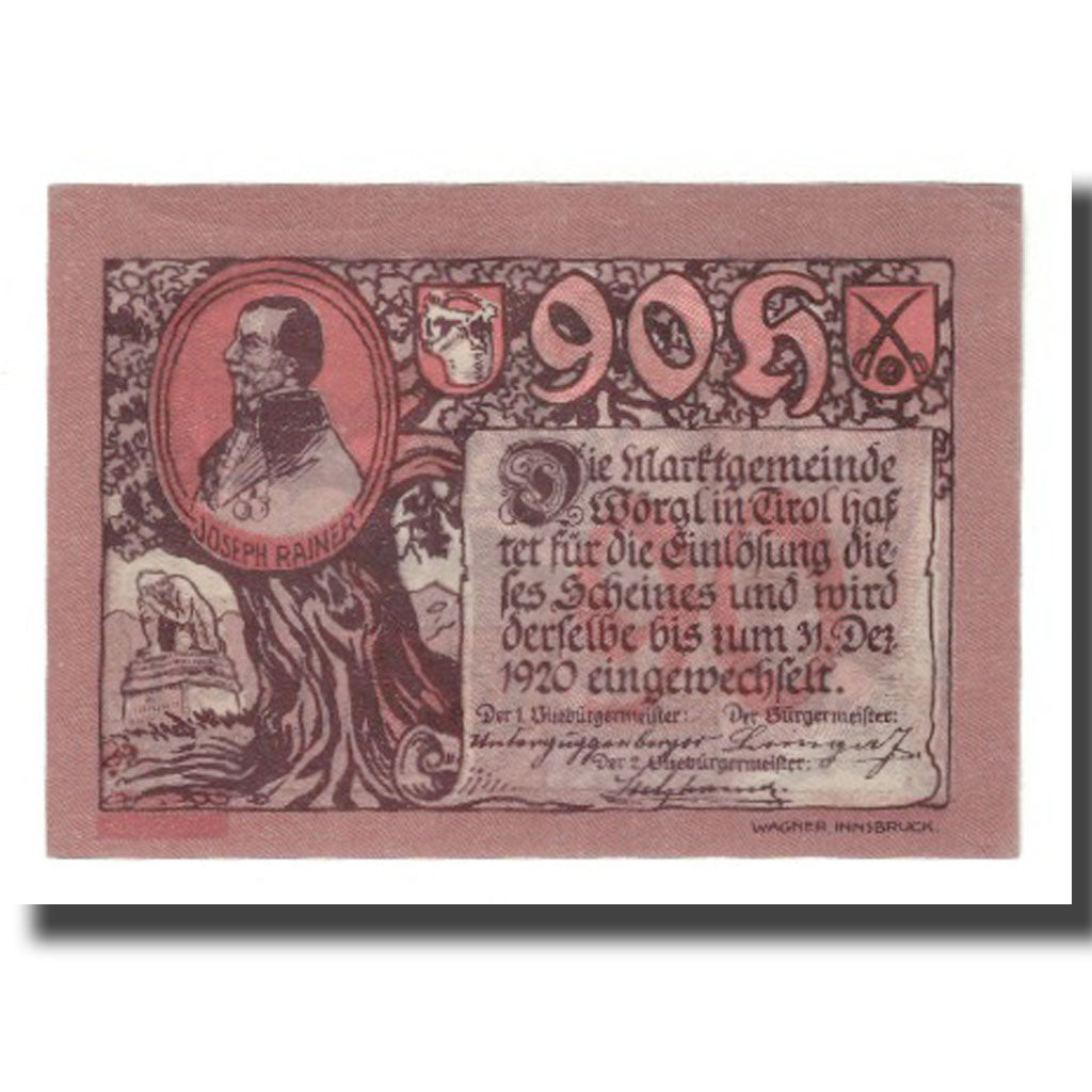 Banconote, Austria, Wörgl Tirol Marktgemeinde, 90 Heller, paysage 4, 1920