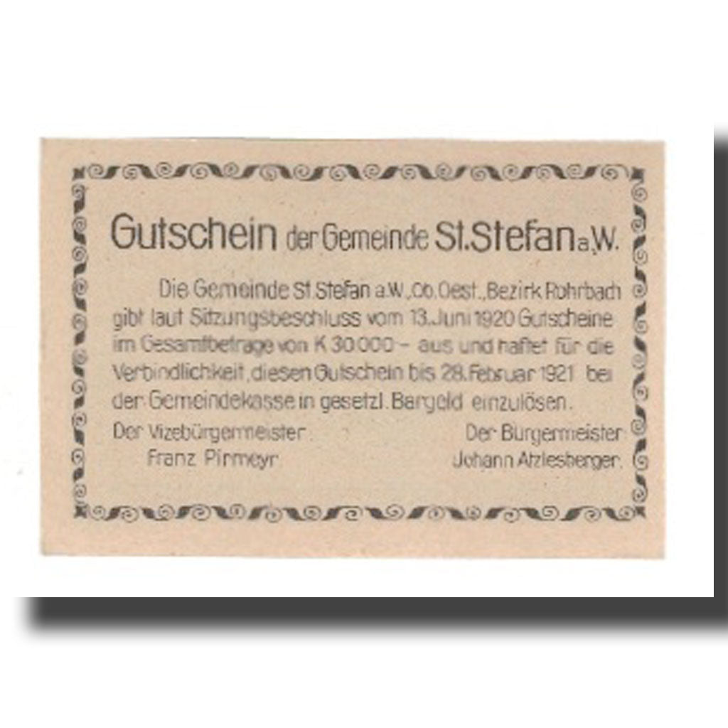 Banconote, Austria, St. Stefan am Walde O.Ö. Gemeinde, 10 Heller, Texte, 1921