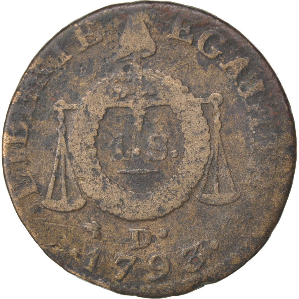 FRANCE, Sol aux balances françoise, Sol, 1793, Lyon, KM #619.5, F(12-15), Bronze